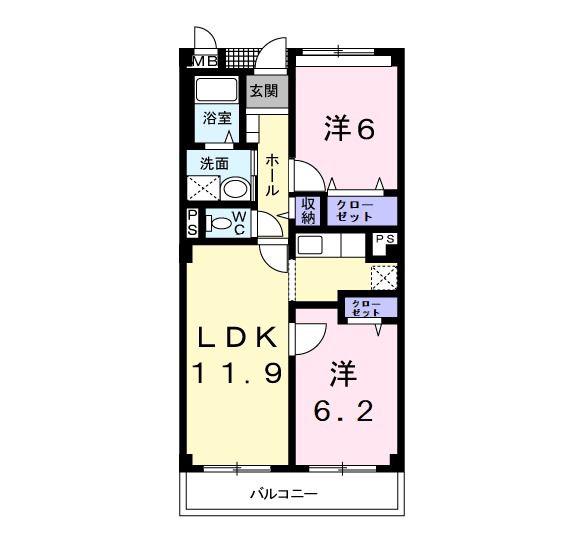 フォンテーヌ・パレスB(2LDK/2階)の間取り写真
