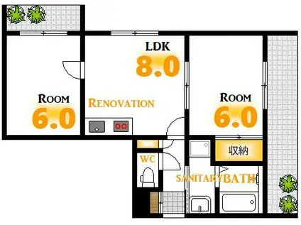 リバーサイドコーポ広瀬(2LDK/4階)の間取り写真
