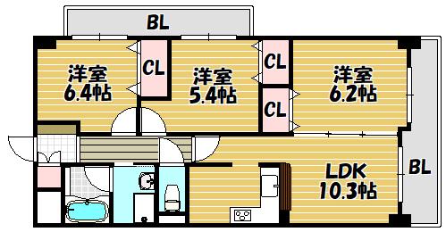 ファインコート鴻池南館(3LDK/8階)の間取り写真