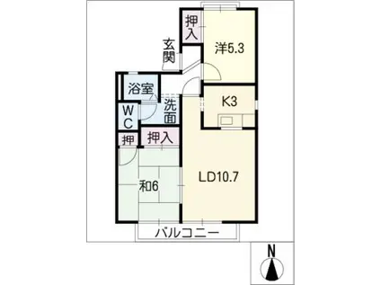 ジュネス東山台B棟(2LDK/1階)の間取り写真