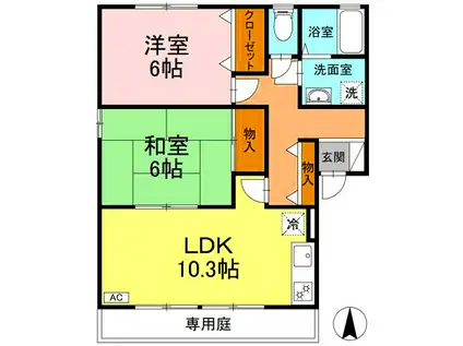 ラポール宮内 B棟(2LDK/1階)の間取り写真