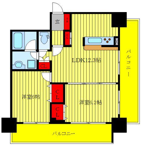 フクロク・レーヴ・マンション(2LDK/6階)の間取り写真