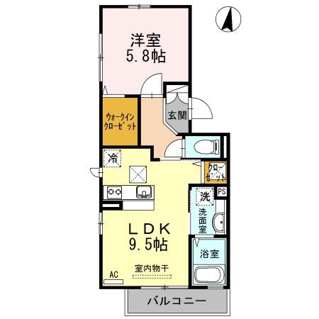 ウィルコート小郡給領町 C・D C棟(1LDK/1階)の間取り写真