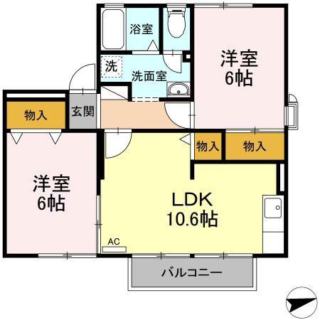 カーサセレーノ B棟(2LDK/2階)の間取り写真