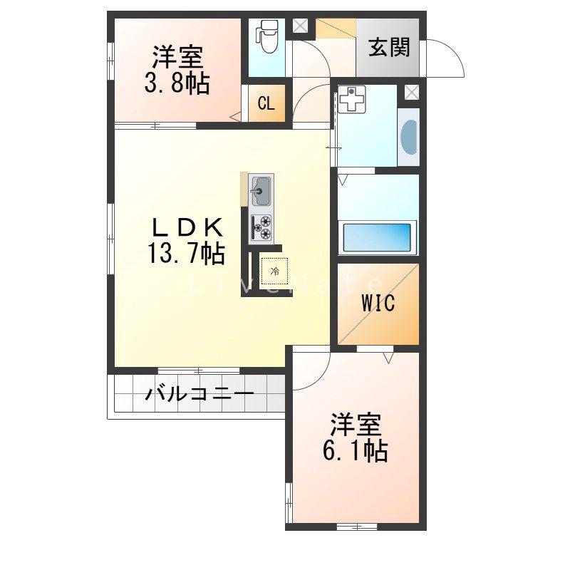ブル・マリーノ衣掛(2LDK/3階)の間取り写真
