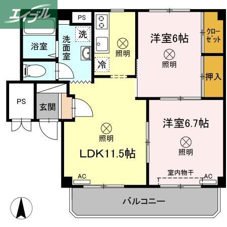 グランデュール高柳 A棟(2LDK/3階)の間取り写真