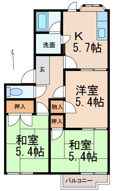 JR和歌山線 岩出駅 徒歩5分 2階建 築39年(3K/2階)の間取り写真