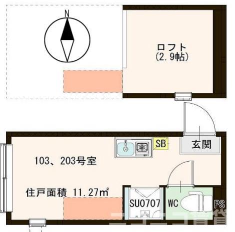 エルキュールテラス(ワンルーム/2階)の間取り写真