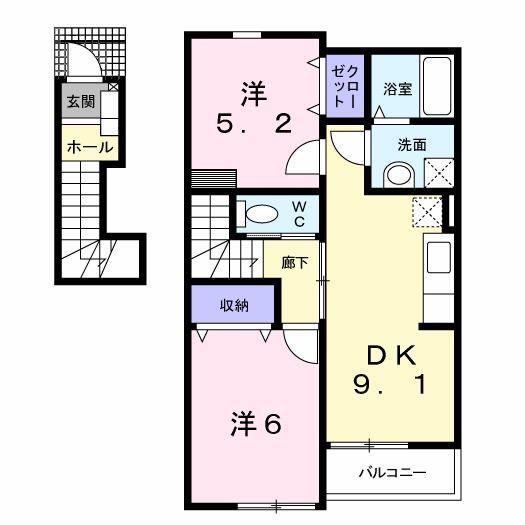 フローラルメゾンM I(2DK/2階)の間取り写真