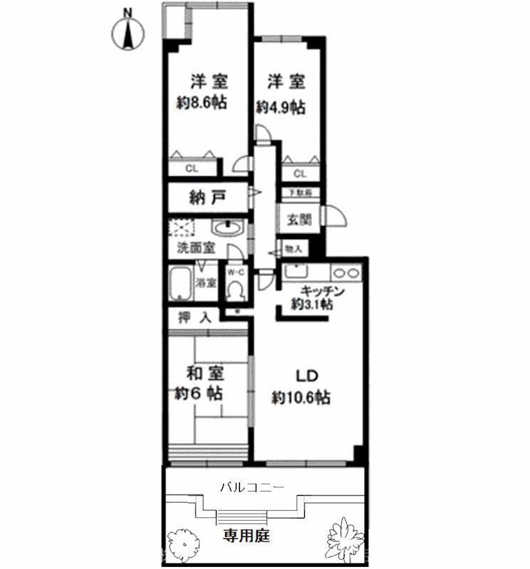 六甲グランドヒルズ 2号館(3SLDK/1階)の間取り写真