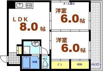 ホワイティーナイン(2LDK/8階)の間取り写真