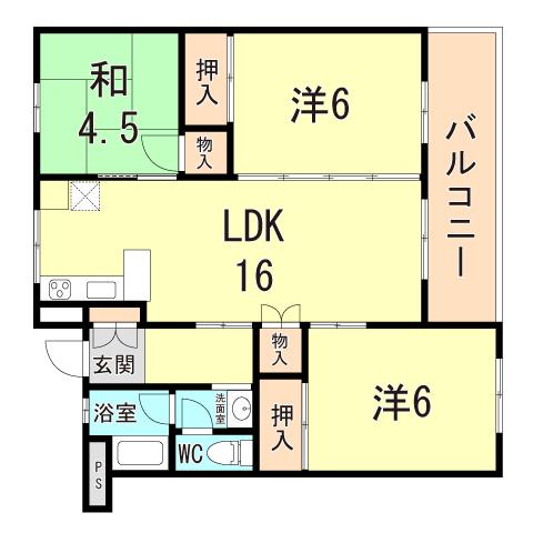 JR山陽本線 朝霧駅 徒歩8分 5階建 築56年(3LDK/4階)の間取り写真