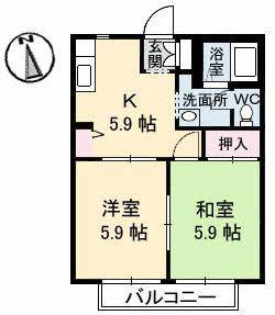 ドムス・ヒルズG館(2K/2階)の間取り写真