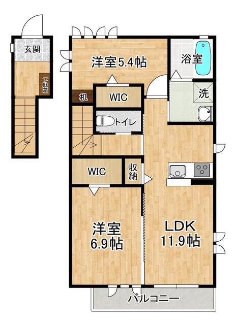 LA GRAND CINQB棟(2LDK/2階)の間取り写真