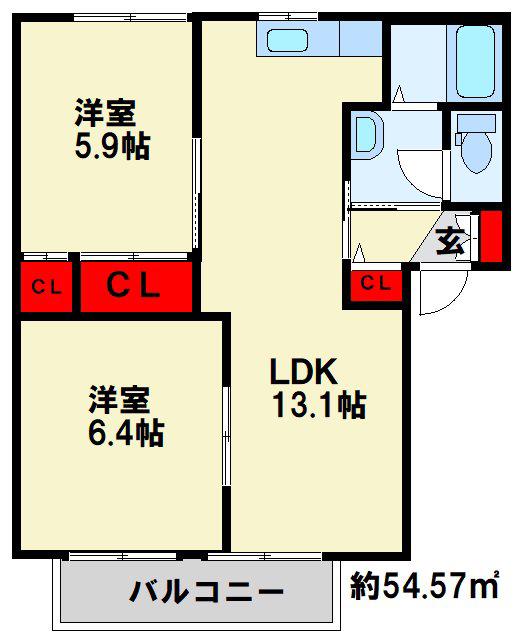 Kフラット A棟(2LDK/2階)の間取り写真