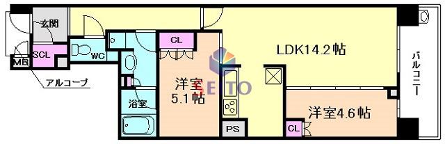 ローレルタワー梅田ウエスト(2LDK/14階)の間取り写真
