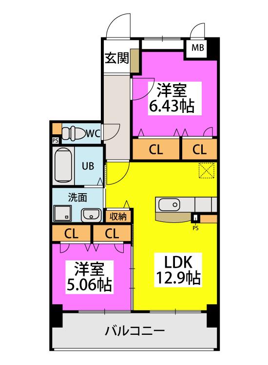 プレシアM(2LDK/6階)の間取り写真