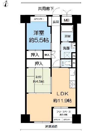 中山手コーポ(2LDK/5階)の間取り写真