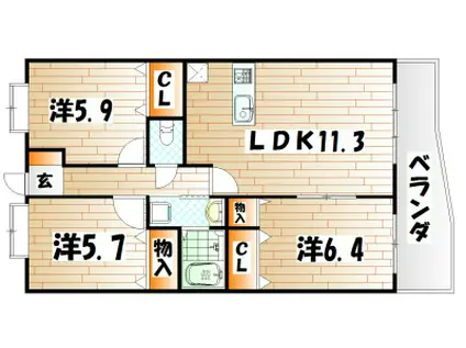 アヌビアス紫川(3LDK/3階)の間取り写真