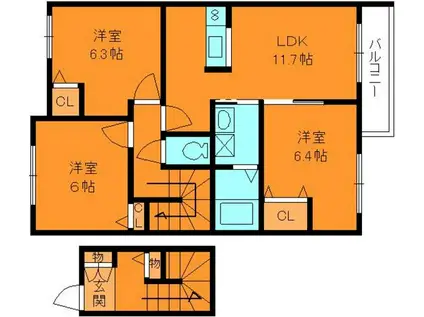 CASA大町B棟(3LDK/2階)の間取り写真