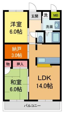レインボー甲東(2SLDK/3階)の間取り写真