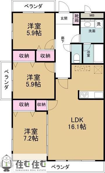 アーバンポイント三好II(3LDK/4階)の間取り写真