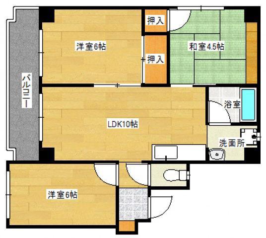 田岡マンション(3LDK/4階)の間取り写真