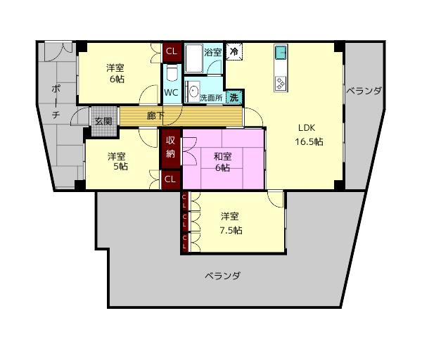 グランコート富雄(4LDK/5階)の間取り写真