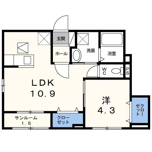 エスペランテ・ヴォヌール(1LDK/1階)の間取り写真