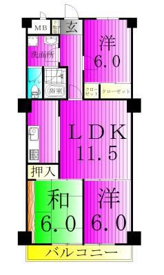 ライオンズマンションロワイヤル北小金(3LDK/4階)の間取り写真