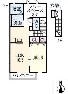 ルーエ東野(1LDK/2階)の間取り写真