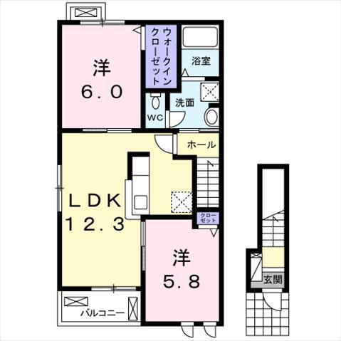 マロン・リジェール川内 B(2LDK/2階)の間取り写真