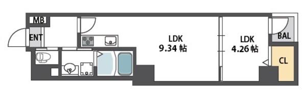 ドュ・シンビオス・桜川(1LDK/2階)の間取り写真