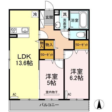 ラフィーネ益城 A棟(2LDK/2階)の間取り写真