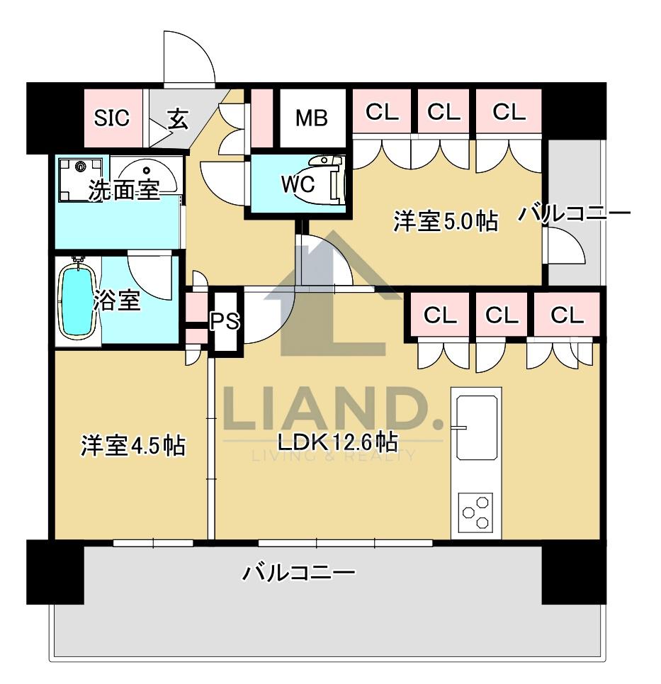シーズンフラッツ渡辺通(2LDK/12階)の間取り写真