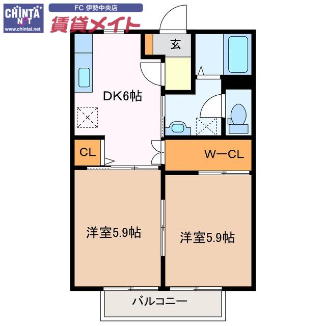 ヴィレッジ あじさい D(2DK/2階)の間取り写真