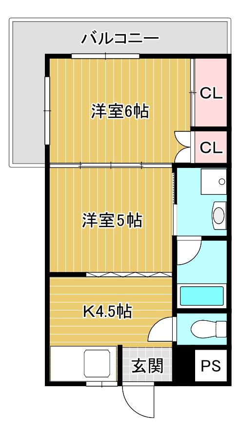 ベルヌーブ北浜ハイツ(2K/2階)の間取り写真