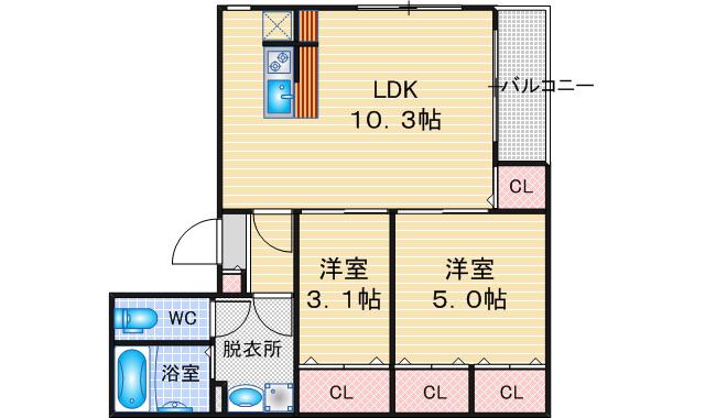 ROBOT HOME 本笠寺(2LDK/3階)の間取り写真