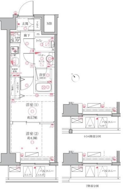 クレイシア立川(2K/4階)の間取り写真