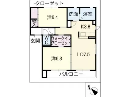 ガーデンヒルズC棟(2LDK/1階)の間取り写真
