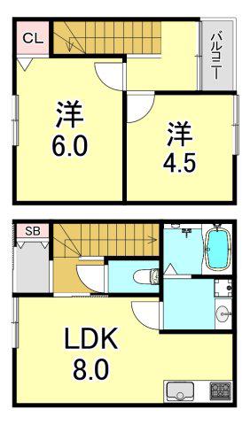 房王寺町3丁目C棟PJ(2LDK/1階)の間取り写真