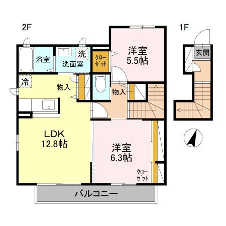メゾンドモンテヴァンB(2LDK/2階)の間取り写真