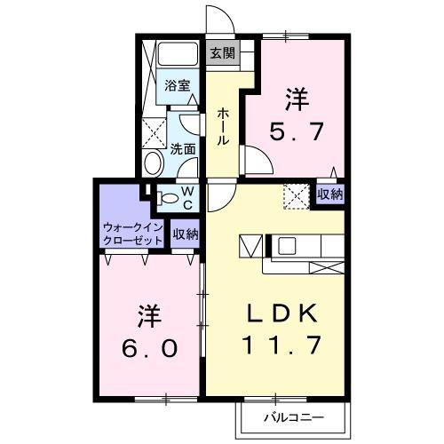 クレセント北郷 B(2LDK/1階)の間取り写真