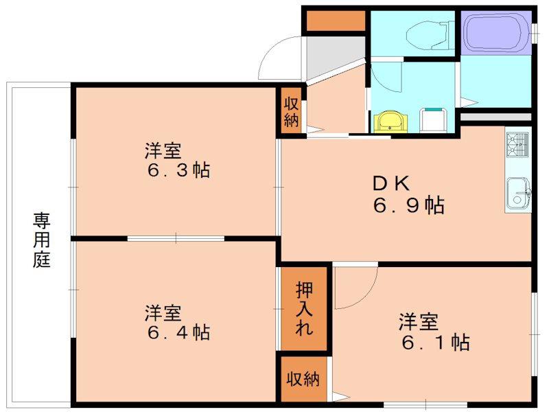 ディアス元岡 1番館(3DK/1階)の間取り写真