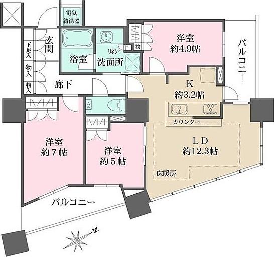 ザ・パークハウス西新宿タワー60(3LDK/22階)の間取り写真