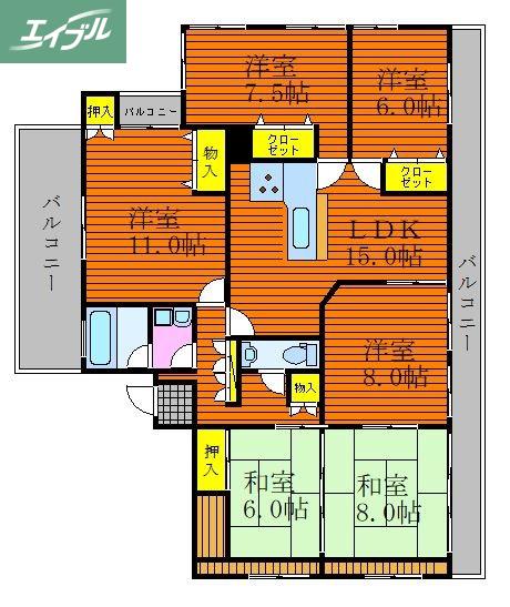 セゾンHOUKAN(6LDK/4階)の間取り写真