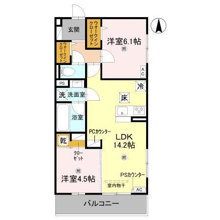 アレ・デ・フルール西向日駅前北棟(2LDK/1階)の間取り写真