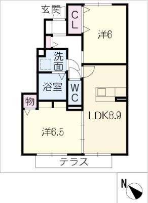 グレイス鶴が沢 A棟(2LDK/1階)の間取り写真