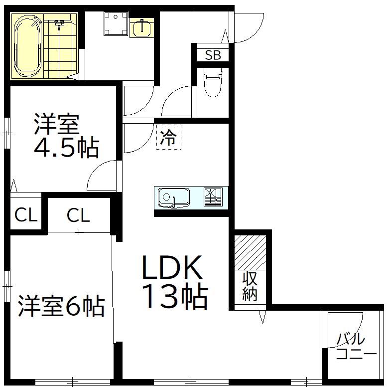 メゾンカフェリア(2LDK/2階)の間取り写真