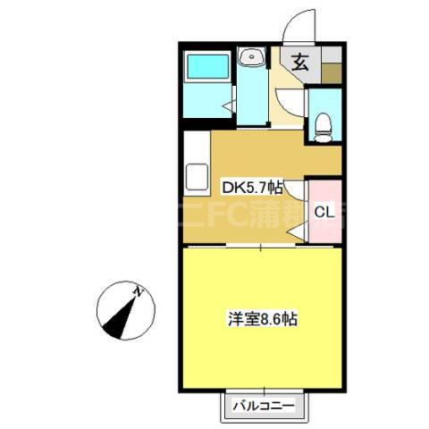 ディアスちからA棟(1DK/2階)の間取り写真